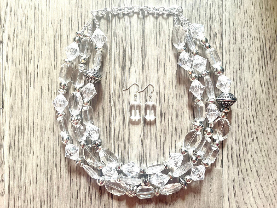Silver and Clear statement necklace, lucite necklace, resin necklace, clear three strand chunky jewelry, silver Beaded Holiday Necklace