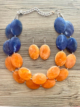Load image into Gallery viewer, Orange &amp; Blue Chunky Statement Necklace, Big beaded jewelry, multi strand Statement Necklace, chunky royal blue orange jewelry earrings
