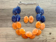 Load image into Gallery viewer, Orange &amp; Blue Chunky Statement Necklace, Big beaded jewelry, multi strand Statement Necklace, chunky royal blue orange jewelry earrings