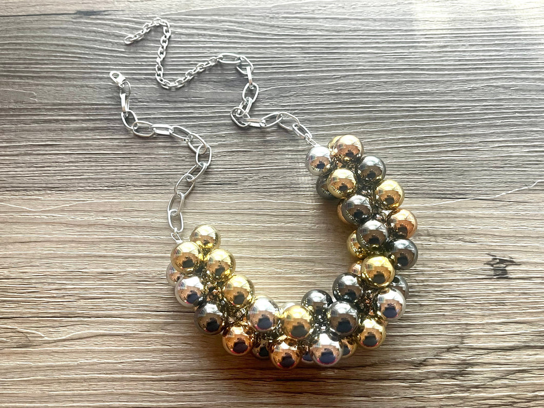 Metallic Mirror Necklace, extra chunky jewelry, beaded chunky statement necklace, colorful necklace, Silver gold rosegold black jewelry