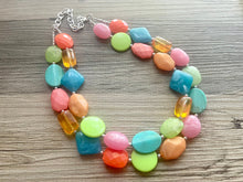 Load image into Gallery viewer, Taco Tuesday Statement Necklace, chunky bib beaded jewelry, Rainbow jewelry, pink blue green orange necklace, beaded acrylic jewelry