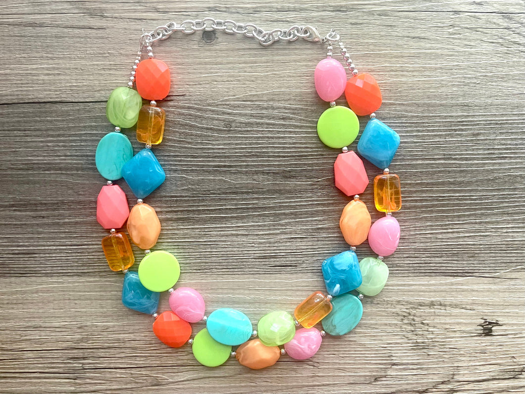 Taco Tuesday Statement Necklace, chunky bib beaded jewelry, Rainbow jewelry, pink blue green orange necklace, beaded acrylic jewelry