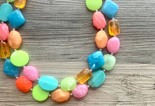 Load image into Gallery viewer, Taco Tuesday Statement Necklace, chunky bib beaded jewelry, Rainbow jewelry, pink blue green orange necklace, beaded acrylic jewelry