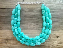 Load image into Gallery viewer, Mint Green Chunky Statement Necklace &amp; Stretch Bracelet set, Triple Strand Beaded Jewelry, Green jewelry, bridesmaid gold jelly bean