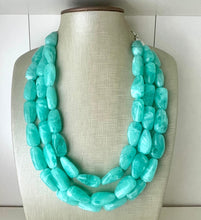 Load image into Gallery viewer, Mint Green Chunky Statement Necklace &amp; Stretch Bracelet set, Triple Strand Beaded Jewelry, Green jewelry, bridesmaid gold jelly bean