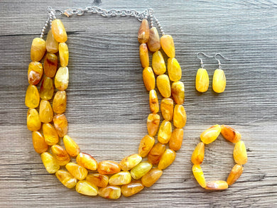 Marigold Chunky Statement Necklace & Stretch Bracelet set, Triple Strand Beaded Jewelry, Yellow jewelry, bridesmaid fall wedding
