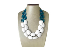 Load image into Gallery viewer, Nautical Chunky Statement Necklace, Big beaded jewelry, Double Strand Statement Necklace, navy blue white, navy necklace, white