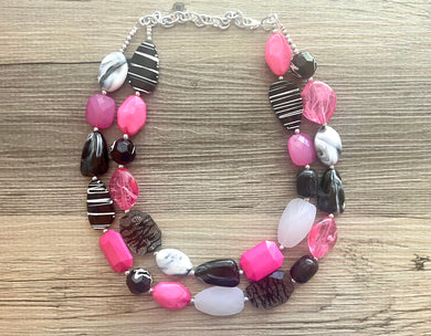 Pink Black White chunky necklace, hot pink beaded jewelry, resin beaded White necklace, pink beaded necklace, black and white necklace