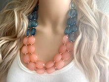 Load image into Gallery viewer, Coral &amp; Navy statement necklace, chunky pink necklace earrings, pink bib necklace, coral jewelry, beaded pink necklace, dark blue jewelry