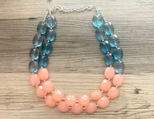 Load image into Gallery viewer, Coral &amp; Navy statement necklace, chunky pink necklace earrings, pink bib necklace, coral jewelry, beaded pink necklace, dark blue jewelry