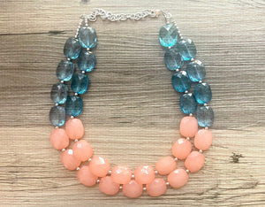 Coral & Navy statement necklace, chunky pink necklace earrings, pink bib necklace, coral jewelry, beaded pink necklace, dark blue jewelry