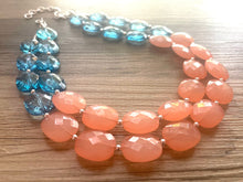 Load image into Gallery viewer, Coral &amp; Navy statement necklace, chunky pink necklace earrings, pink bib necklace, coral jewelry, beaded pink necklace, dark blue jewelry
