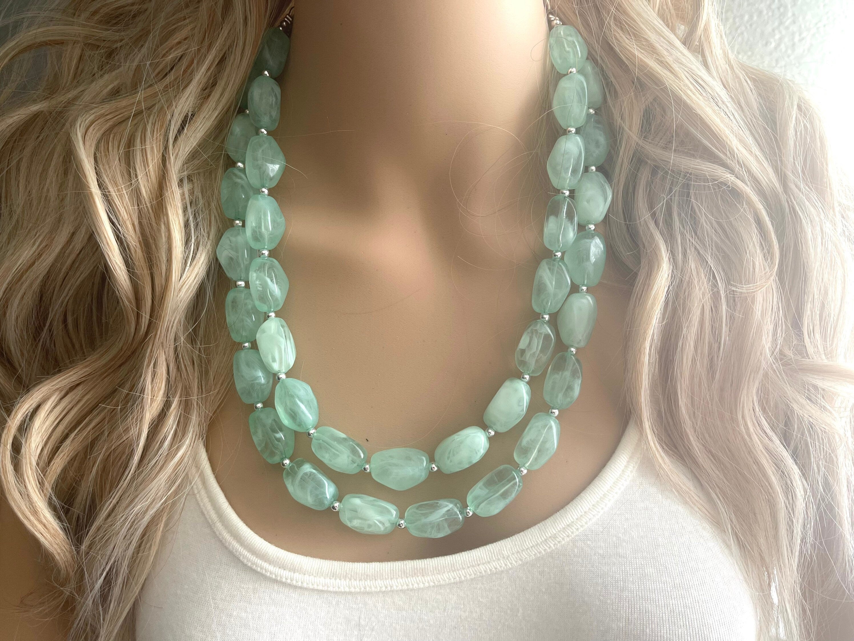 【TATIANA】Apink銀紙着用★Green Mix Coin Beads Necklace Mint Statement Necklace, Chunky Beaded Necklace, Mint Green
