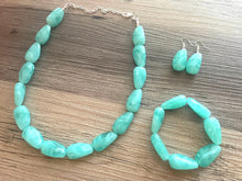 Load image into Gallery viewer, Mint Green Chunky Statement Necklace &amp; Stretch Bracelet set, Single Strand Beaded Jewelry, Green jewelry, bridesmaid silver creamy wedding