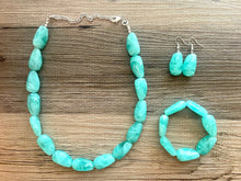 Load image into Gallery viewer, Mint Green Chunky Statement Necklace &amp; Stretch Bracelet set, Single Strand Beaded Jewelry, Green jewelry, bridesmaid silver creamy wedding