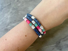 Load image into Gallery viewer, Denim Blue Stretch Bracelets, Heishi Disc Bead Bracelets, white polka dot pink and green jewelry