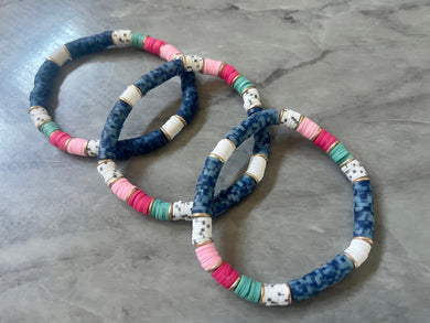 Denim Blue Stretch Bracelets, Heishi Disc Bead Bracelets, white polka dot pink and green jewelry
