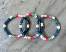 Load image into Gallery viewer, Denim Blue Stretch Bracelets, Heishi Disc Bead Bracelets, white polka dot pink and green jewelry