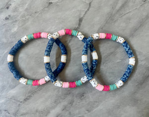 Denim Blue Stretch Bracelets, Heishi Disc Bead Bracelets, white polka dot pink and green jewelry