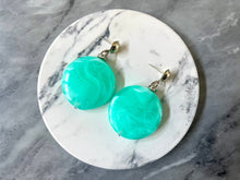 Load image into Gallery viewer, Mint Green &amp; Gold drop bead earrings, green beaded statement earrings, light green jewelry, green geometric earrings