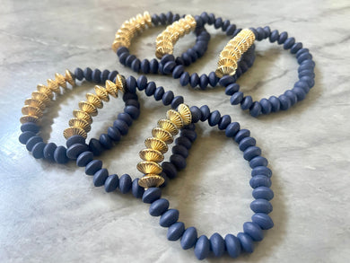 Denim Blue & Gold Stretch Bracelets, wood Disc Bead Bracelets, dark blue navy jewelry