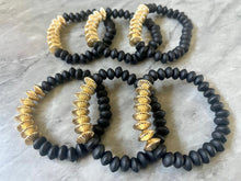 Load image into Gallery viewer, Black &amp; Gold Stretch Bracelets, wood Disc Bead Bracelets, dark black beaded jewelry stretch bracelet