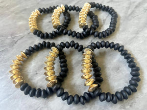 Black & Gold Stretch Bracelets, wood Disc Bead Bracelets, dark black beaded jewelry stretch bracelet