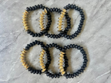 Black & Gold Stretch Bracelets, wood Disc Bead Bracelets, dark black beaded jewelry stretch bracelet