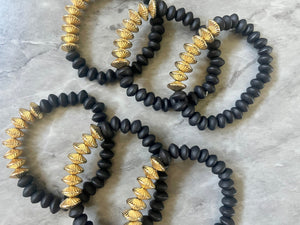 Black & Gold Stretch Bracelets, wood Disc Bead Bracelets, dark black beaded jewelry stretch bracelet