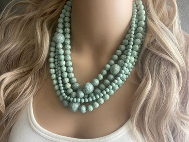 Green Necklace, 5 Strand Statement Jewelry, Mint Chunky bib bridesmaid everyday bubble jewelry, crackle beaded resin bead
