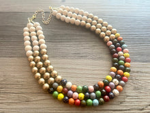 Load image into Gallery viewer, Triple Gold Rainbow + Wood grain Beaded Necklace, Colorful Jewelry Chunky statement necklace, big beaded necklace jewelry painted tan