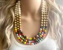 Load image into Gallery viewer, Triple Gold Rainbow + Wood grain Beaded Necklace, Colorful Jewelry Chunky statement necklace, big beaded necklace jewelry painted tan