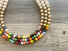 Load image into Gallery viewer, Triple Gold Rainbow + Wood grain Beaded Necklace, Colorful Jewelry Chunky statement necklace, big beaded necklace jewelry painted tan