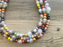 Load image into Gallery viewer, Triple Gold Rainbow + White Painted Beaded Necklace, Colorful Jewelry Chunky statement necklace, big beaded necklace jewelry painted tan