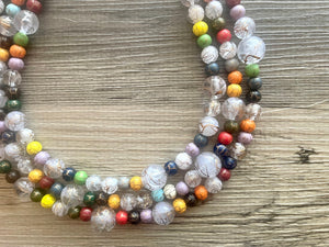 Triple Gold Rainbow + White Painted Beaded Necklace, Colorful Jewelry Chunky statement necklace, big beaded necklace jewelry painted tan