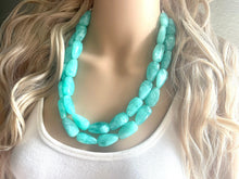 Load image into Gallery viewer, Mint Green Chunky Statement Necklace &amp; Stretch Bracelet set, Double Strand Beaded Jewelry, Green jewelry, bridesmaid gold jelly bean