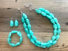 Load image into Gallery viewer, Mint Green Chunky Statement Necklace &amp; Stretch Bracelet set, Double Strand Beaded Jewelry, Green jewelry, bridesmaid gold jelly bean