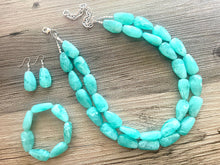 Load image into Gallery viewer, Mint Green Chunky Statement Necklace &amp; Stretch Bracelet set, Double Strand Beaded Jewelry, Green jewelry, bridesmaid gold jelly bean