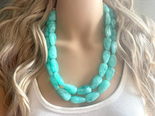 Load image into Gallery viewer, Mint Green Chunky Statement Necklace &amp; Stretch Bracelet set, Double Strand Beaded Jewelry, Green jewelry, bridesmaid gold jelly bean