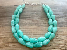 Load image into Gallery viewer, Mint Green Chunky Statement Necklace &amp; Stretch Bracelet set, Double Strand Beaded Jewelry, Green jewelry, bridesmaid gold jelly bean