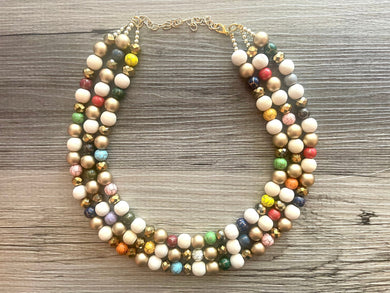 Triple Gold Rainbow + Wood Painted Beaded Necklace, Colorful Jewelry Chunky statement necklace, big beaded necklace jewelry painted tan