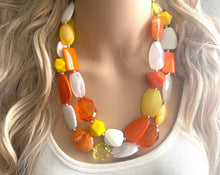 Load image into Gallery viewer, Candy Corn Statement Necklace, chunky bib beaded jewelry, Halloween jewelry white yellow orange necklace, beaded acrylic jewelry