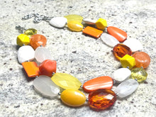 Load image into Gallery viewer, Candy Corn Statement Necklace, chunky bib beaded jewelry, Halloween jewelry white yellow orange necklace, beaded acrylic jewelry