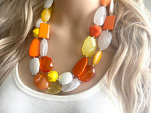 Load image into Gallery viewer, Candy Corn Statement Necklace, chunky bib beaded jewelry, Halloween jewelry white yellow orange necklace, beaded acrylic jewelry