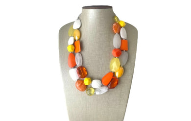 Candy Corn Statement Necklace, chunky bib beaded jewelry, Halloween jewelry white yellow orange necklace, beaded acrylic jewelry