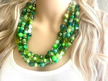 Load image into Gallery viewer, Green Ombré Confetti Necklace, Green jewelry, chunky bib beaded collar necklace, green statement jewelry, mint forest turquoise