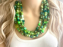 Load image into Gallery viewer, Green Ombré Confetti Necklace, Green jewelry, chunky bib beaded collar necklace, green statement jewelry, mint forest turquoise