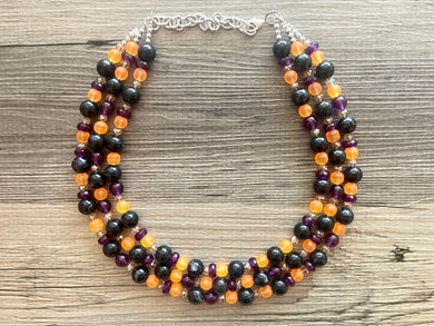 Fall Statement Necklace, purple black Orange, Triple Strand Statement Necklace, fall colors, chunky autumn necklace, champagne beaded