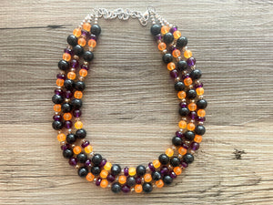 Fall Statement Necklace, purple black Orange, Triple Strand Statement Necklace, fall colors, chunky autumn necklace, champagne beaded