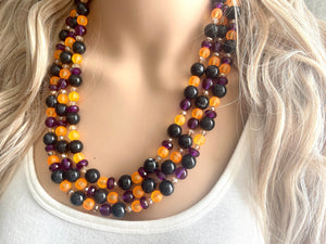 Fall Statement Necklace, purple black Orange, Triple Strand Statement Necklace, fall colors, chunky autumn necklace, champagne beaded